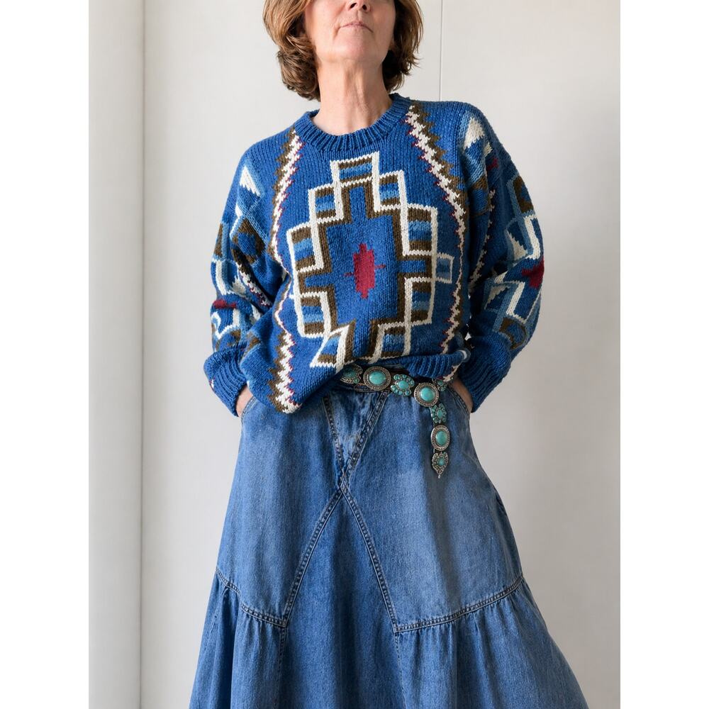 Vintage Sweater Womens Size Medium Cotton Southwestern Print Heavy Knit Classic